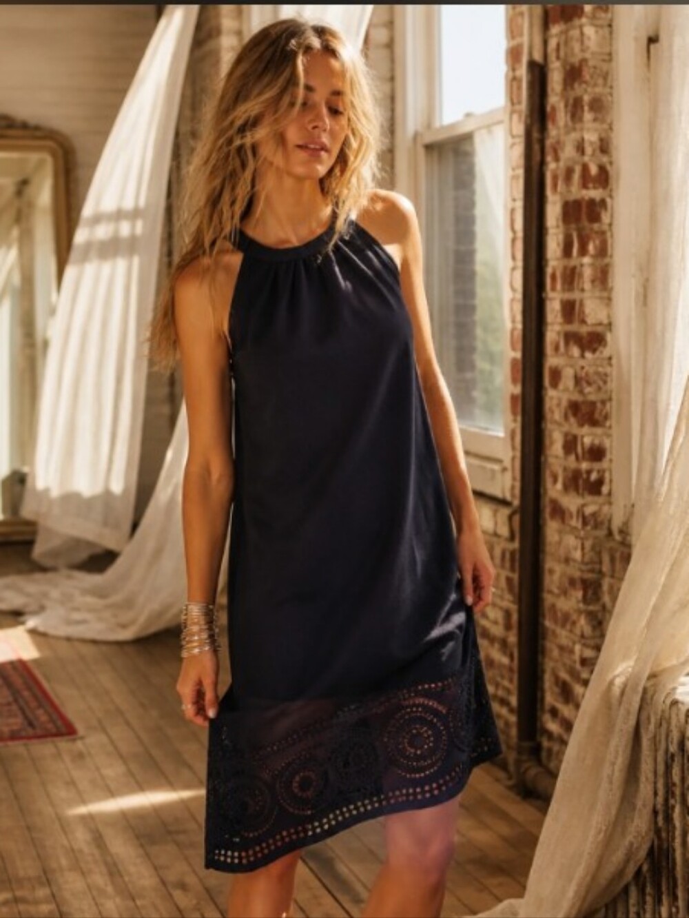 crown & ivy Navy Halter Midi Dress with Crochet Hem